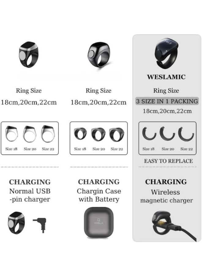 WESLAMIC iTasbih Smart Tasbih Counter Ring – Bluetooth Digital Zikr Counter with OLED Display, Azan & Prayer Reminders, Adjustable Sizes (20mm & 22mm), Magnetic Charging, Waterproof, App Sync for iOS/Android – Sleek Black Islamic Prayer Companion - Image 4